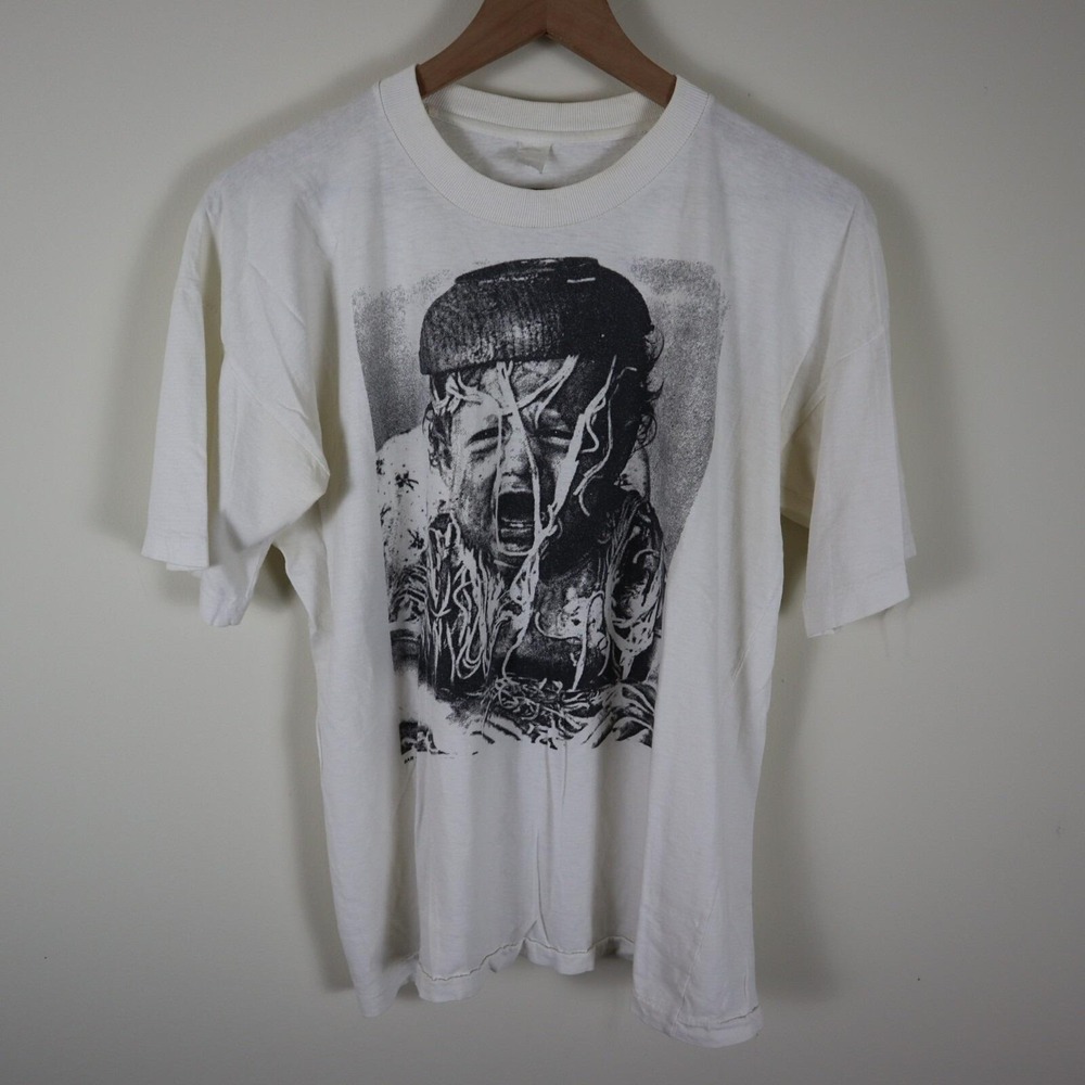 Vintage 80s Spaghetti Baby Bar-F-Art Shirt Single Stitch White Medium 20.5x24